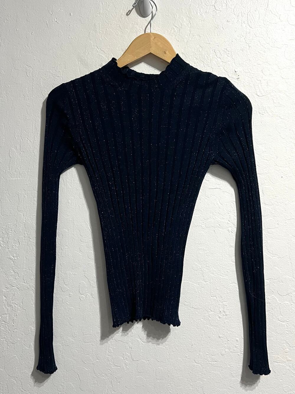 NWT Vince Sweater Small Ribbed Knit Lurex Sparkle Long Sleeve Mock Navy Blue